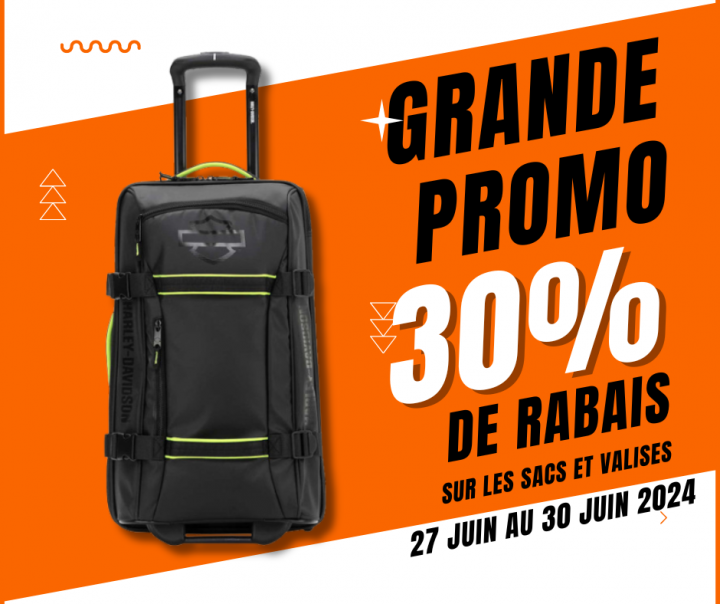 Profitez de 30% de réduction sur les valises et sacs chez St-Jérôme Harley-Davidson du 27 au 30 juin! 